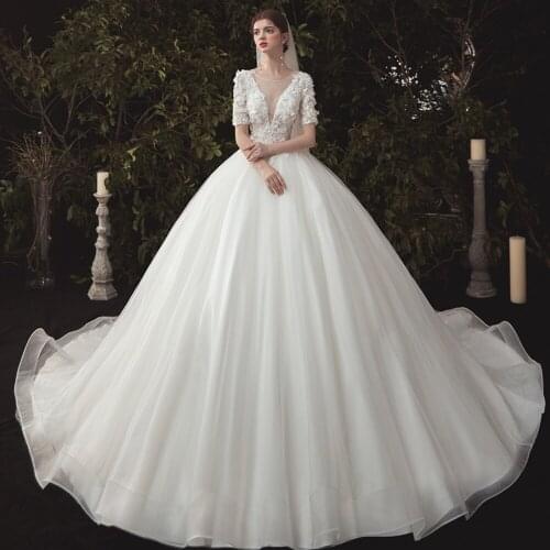 Robes De Mariage V-Neck Short Sleeve Beading Appliques Flowers Princess Ball Gown Wedding Dresses Plus Size