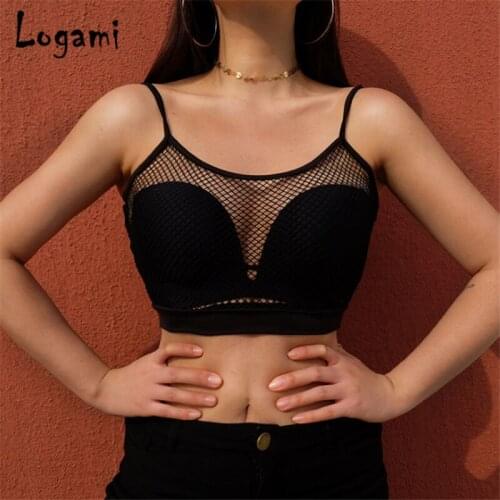 LOGAMI Sleeveless Mesh Sexy Club Crop Top Women Knitted Crochet Spring Summer Top Solid Black