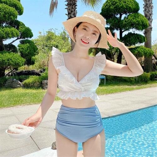 Ruffle Bikini Women High Waist Swimsuits Flounce Bathing Suit Push Up Pad Biquini Crop Top Swimwear Pleated Jersey Suit Korea