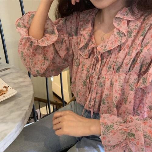 Blouse Women Long Sleeve Butterfly Sweet Girls Spring Floral Short Chiffon Ruffles V-neck All-match Trendy Holiday Prairie Shirt