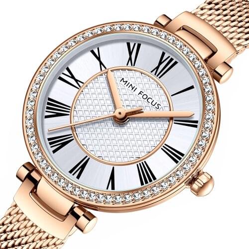 MINI FOCUS Roman Rose Gold Watch for Women Quartz Crystal Casual Business Ladies Watches Mesh Steel Strap Clock часы женские