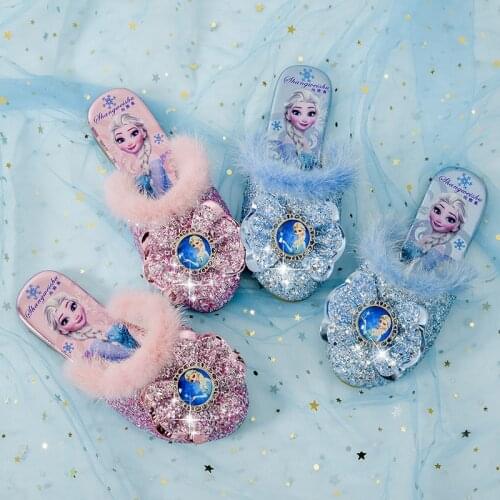 Disney Girls Furry Slippers Autumn and Spring New Frozen Elsa Princess Slippers Baby Baotou Childrens casual Shoes