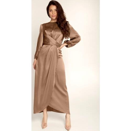 Elegant Women Arab Muslim Satin Puff Long Sleeve Maxi Dress Solid Color Wrap Front Self-Tie Abaya Dubai Turkey Hijab Robe Kaftan