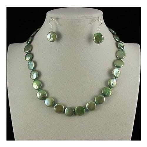 Perfect Coin Pearl Necklace earrings jewellery set 4-14mm Green Freshwater Pearls Rhinestone Magnet Clasp New Free Shippng