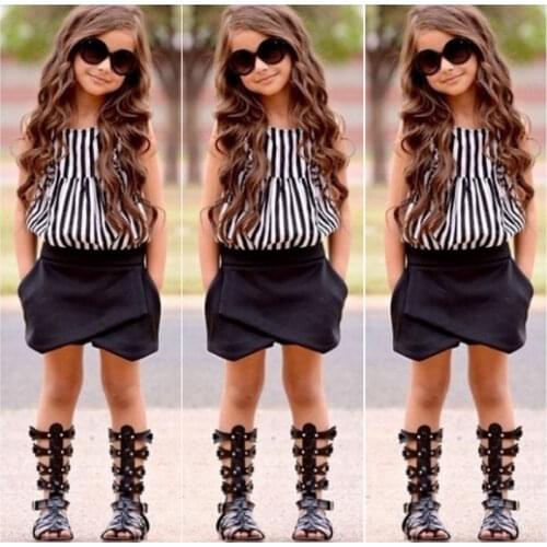2-7Years Kids Baby Girls Clothes Sets Striped Sleeveless Vest Tops Black Shorts 2pcs Sets Girls Casual Outfits 2-7Y