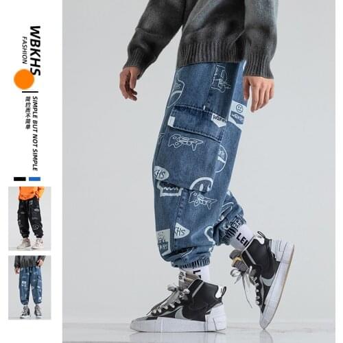 2021 Sprin and Autumn Men Fashion Printed Denim Trousers Cargo Baggy Leg Harem Pants