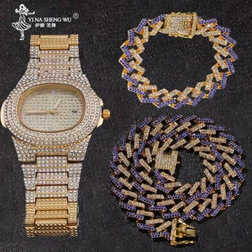 Hip Hop 15MM Iced Out Crystal Cuban Paved Rhinestone Miami Zircon Mens Necklaces+Bracelet+Watch For Men Jewelry 8/16/18/20/24In