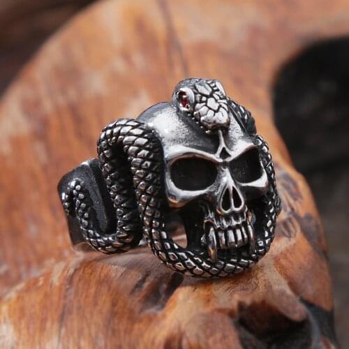 Gothic Vampire Skull Ring For Men Punk Street Stainless Steel Biker Skull And Snake Ring Fashion Jewelry Gift Wholesale