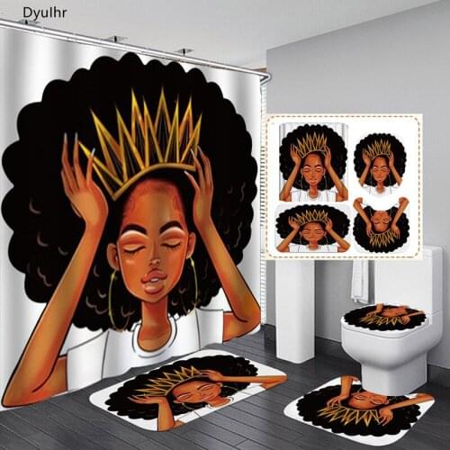 Bathroom Accessories Curly Hair Girl Printed Polyester Waterproof Shower Curtain Toilet Seat Mat Floor Mat Bathroom Kit DyuIhr