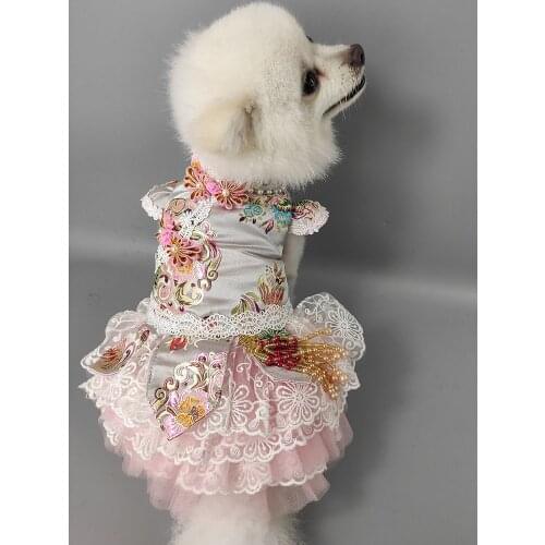 Handmade Dog Clothes Pet Dress Cat Outfit Satin Embroidery Chinese Style Straight Skirt Mandarin Collar Poodle Maltese Yorkie