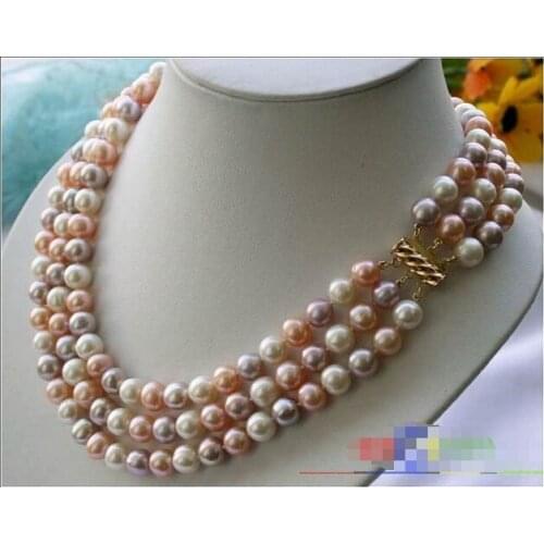 HOT Wholesale 3ROW 8-9MM multicolor ROUND FRESHWATER PEARL necklace