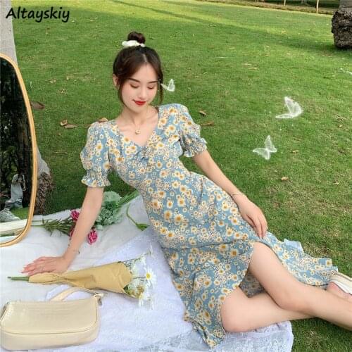 Floral Dresses Daisy Korean Style Side-slit Elegant Temperament Trendy Popular Leisure Ulzzang Brisk College Students Summer Ins