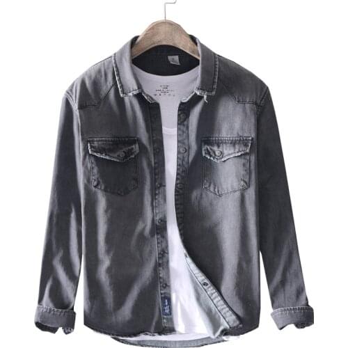 New Men Casual Denim Shirt Slim Cotton Long Sleeve Spring Solid Soft Tops Man High Quality Gray Denim Shirt Chemise Homme
