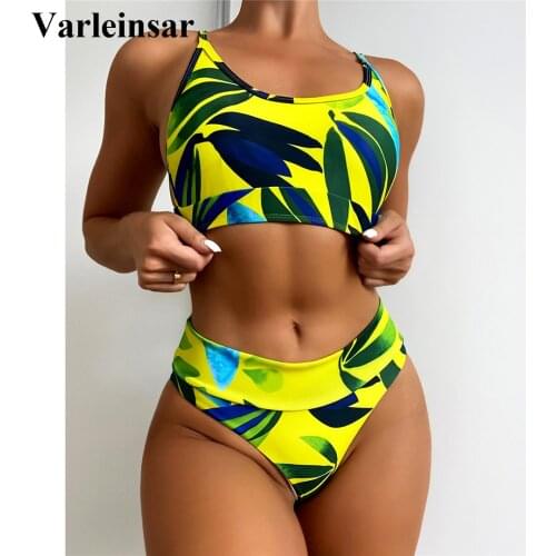Sexy Green Leaves Printed Female Swimsuit High Waist Bikini Women Swimwear Two-pieces Bikini set Bather Bathing Suit Swim V3118
