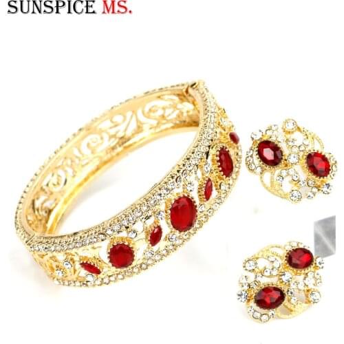 Sunspicems 2020 Morocco Gold Color Bangle Earring for Women Wedding Jewelry Set Arabic Ethnic Red Green Crystal Banquet Gifts