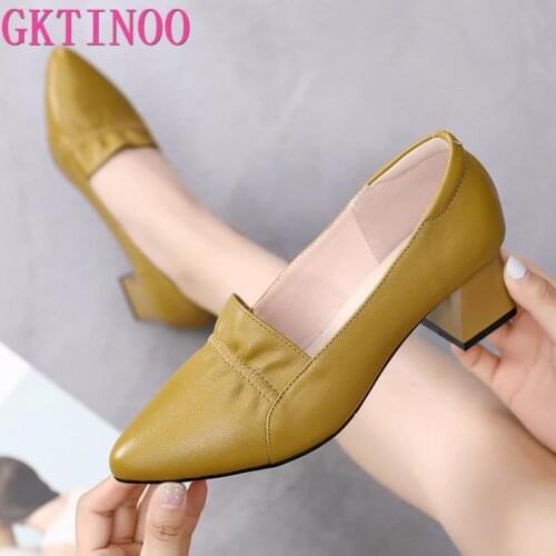 GKTINOO Brand Shoes Thick Heel Ladies Pumps Genuine Leather Pointed Toe Colorful Square Heels Party Office Shoes Women