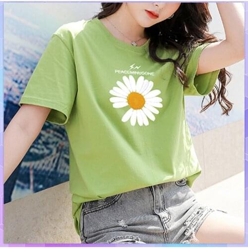 Korean Flowers Women T-shirt 2021 Summer Short-sleeved Tee shirt Femme Simple Loose Cotton Tshirt Daisy White Top Plus Size
