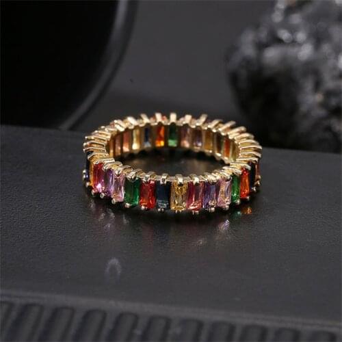 YJGS Luxury Charm AAA Cubic Zirconia Ring For Women Fashion Rectangular Multicolor Crystal Ring Gold Color Rainbow Ring Jewelry