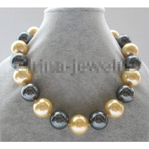 18" 20mm natural black south shell pearl necklace yellow Clasp