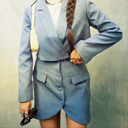 Stylish Elegant Blue Skirt Suits Women 2021 Fashion 2 Buttons Cropped Blazer Faux Pockets Mini Skirts Suits Female Chic Sets