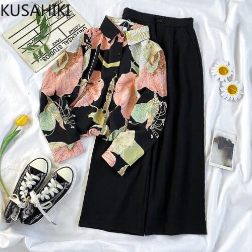 KUSAHIKI Two Piece Set Women Korean Printing Long Sleeve Causal Blouse + High Waist Wide Leg Pants 2021 Spring Outfits 6F446