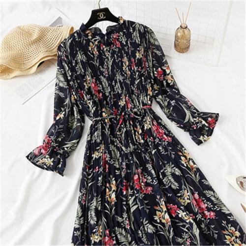 Dress 24 Colour 2020 New vintage dress ladies wave point big size female dress trumpet sleeve chiffon print summer dress 5 Size