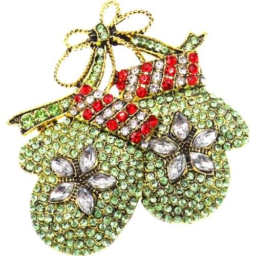 Free Shipping Rhinestone Christmas Gloves Brooch Pin Women Jewelry Gift Brooches