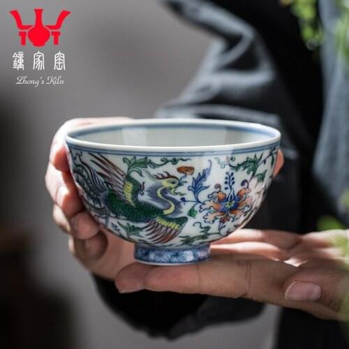 Tea cup Jingdezhen handmade tea set Chenghua doucai Shuangfeng Tangzhi pattern blue and white porcelain Master Cup