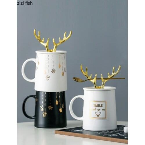 Nordic Metal Antler Ceramic Mug Coffee Cup with Lid Spoon Holiday Gift Exquisite Porcelain Milk Beer Mug Kitchen Home Decoration