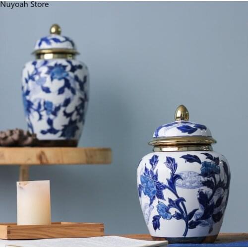 Ceramic Vase Storage Jar Home Blue and White Porcelain Jar Storage Jar Living Room TV Cabinet Decoration Chinese Tea Caddy