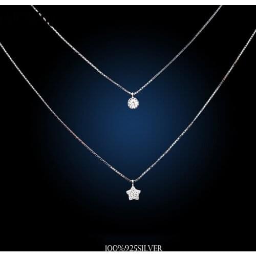 Korea Fashion Double Chain Necklaces 925 Sterling Silver Star Necklaces&Pendants Jewelry Collar Colar Free Shipping