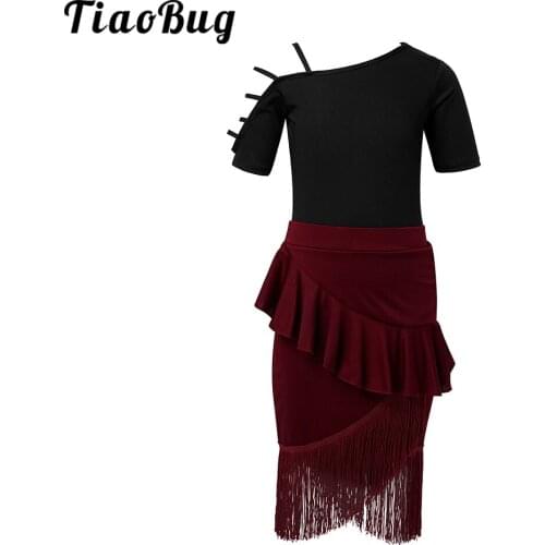 Girls Kids Tassel Latin Ballroom Set Short Sleeve Leotards and Ruffle Fishtail Dance Skirt with Fringe Ballroom Dance Costumes