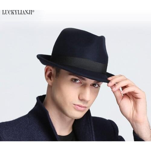 LUCKYLIANJI Retro Hard Felt Women Men Fold Wide Brim Billycock Sag Top Bowler Derby Jazz Fedora Panama Casual Hats (Size:57cm)