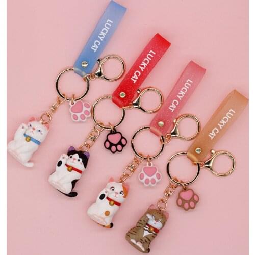 Japanese Cute Little Kitten Cat Keychain for Women Fashion Letter LUCKY CAT pvc Wristband Key Chain Girlfriend Bag Jewelry Gift