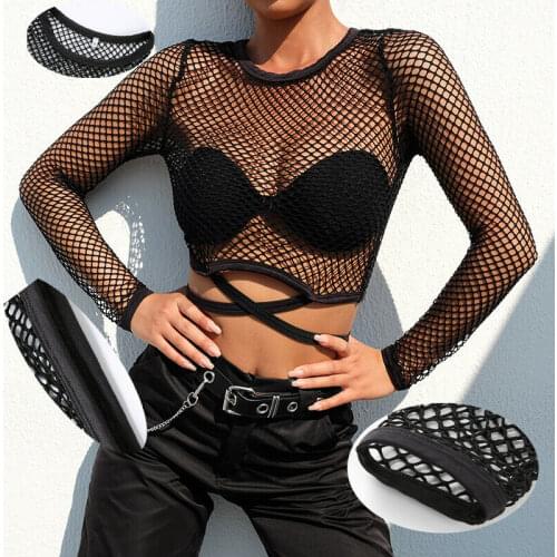 2019 new ladies sexy long-sleeved short hollow round neck perspective bandage mesh fishing net cut shirt T-shirt solid color