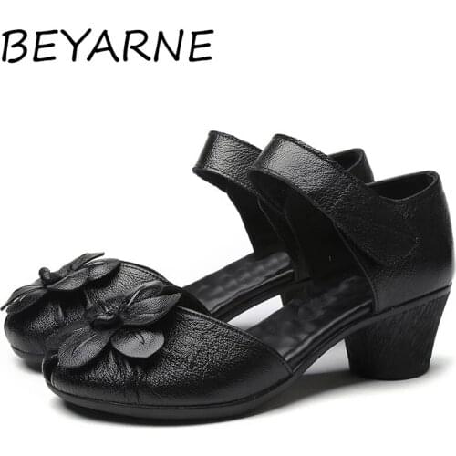 BEYARNE2021 New Fashion Summer Female Handmade Sandals Flowers Womens Leather Shoes Casual Thick With Women Sandals Back Strap