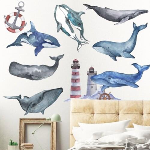 Ocean Whale Dolphin Wall Stickers Bathroom Kids Room Cartoon Animal Blue Self-Adhesive Wall Paper Sticker Decorative Waterproof
