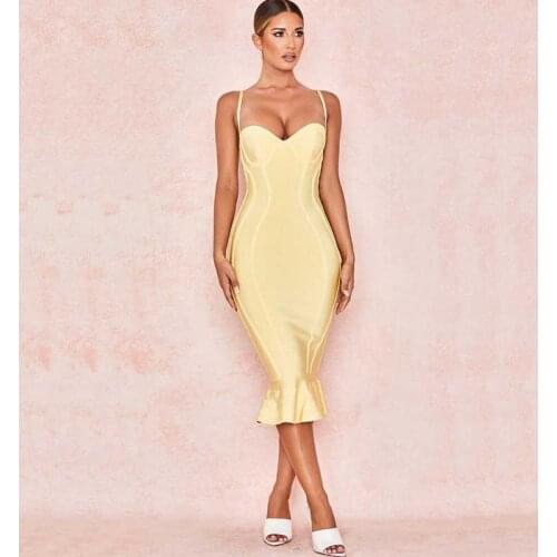 Wholesale 2019 Newest Women dress yellow Spaghetti Strap Mermaid Sexy club Celebrity Cocktail party bandage dress