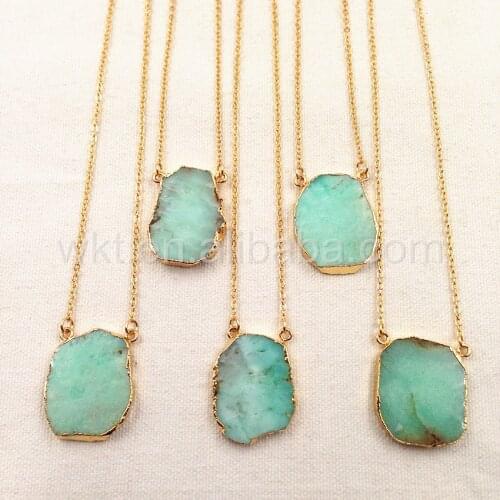 WT-N753 Wholesale 5pcs Chrysoprase Chain Necklace Jewelry natural chrysoprase with double loops in 24k gold trim necklace gift