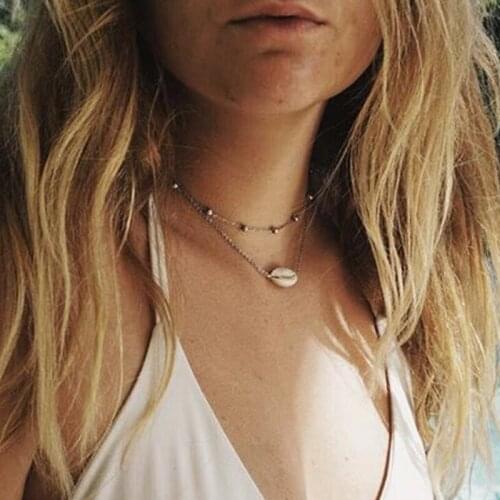 Docona Simple Gold Color Shell Cowrie Pendant Necklace for Women Girl Metal Multilayer Charms Necklace Collares C19210