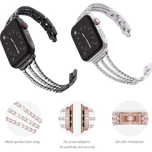 Rose Gold Strap For Apple Watch Band 44/40mm 42/38mm Luxury Rhinestone Bracelet For iWatch Series 5/4/3/2/1 Stainless Steel Belt