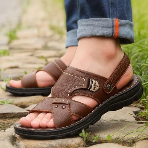 Summer Big Size Mens Sandals British Fashion Genuine Leather Beach Shoes Mens Casual Massage Non-Slip Large Slippers Flats