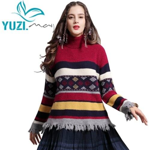 Sweater Female 2018 Yuzi.may Boho New Cotton Wool Striped Women Pullover Turtleneck Tassel Hem Knitting Christmas Sweater B9272