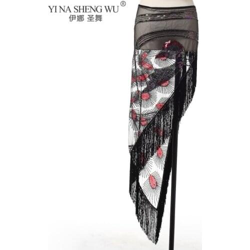 Belly Dance Belt Costumes New Belly Dance Waist Chain Peacock Pattern Sequins Tassel Hip Scarf Triangle Scarf Practice Hip Scarf