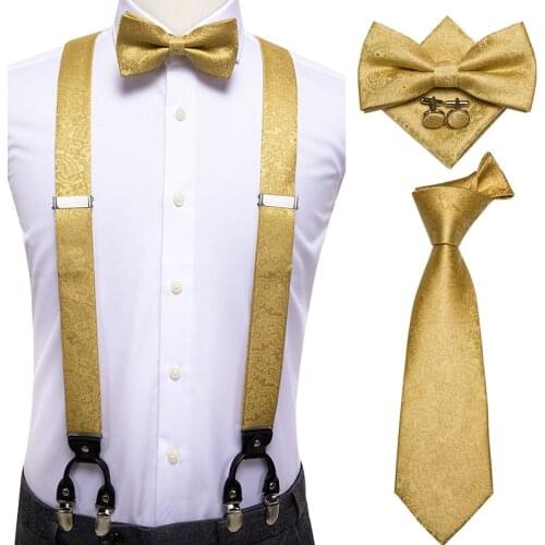 Hi-Tie 100% Silk Adult Mens Suspender Set Leather 6 Clips Braces Vintage Fashion Gold Floral Wedding Suspenders and Bowtie Set