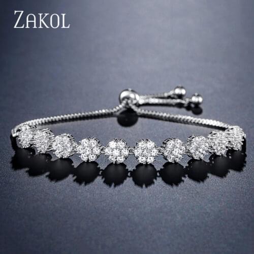 ZAKOL Brand Flower Shape Cubic Zirconia Crystal Adjustable Bracelets for Women Fashion CZ Zircon Wedding Jewelry FSBP2153