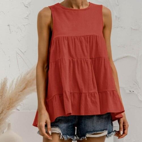 Women Blouse T-shirt sleeveless multi-section stitching O Neck Easily Match Women Sleeveless Big Hem Vest Tops 2021 Summer