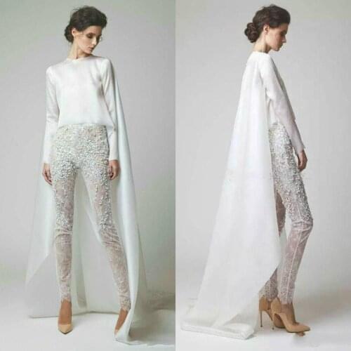 White Lace Jumpsuits Women Prom Dresses With Cape Pearls Long Sleeves Evening Dress Pants Fashion Formal Gowns Vestido De Festa