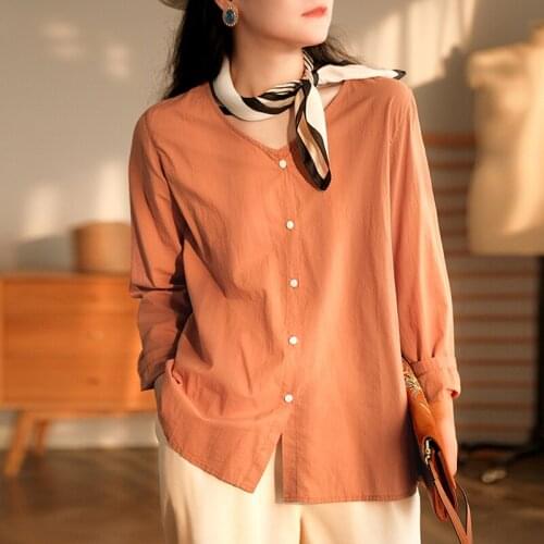 Johnature Women Cotton Solid Color Shirts Vintage Long Sleeve 2021 Spring Blouses V-neck New All-match Female 6 colors Tops