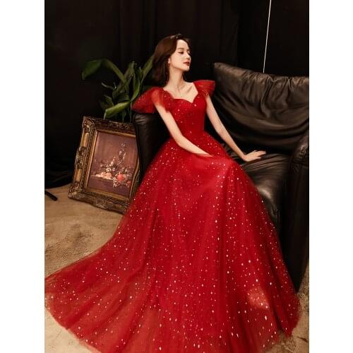 New sweat long wine sequined lady girl women princess banquet prom performance dance ball dress gown free ship